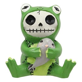 Ebros Furrybones Froggie The Green Frog Toad Holding Tadpole Figurine Small 3" H Furry Bones Skeleton Monster Collectible Decor Statue Gothic DOD Amphibian Frogs Toads Themed Decorative Sculpture
