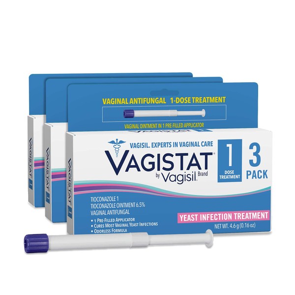 Vagistat 1 Day Single-Dose Yeast Infection Treatment for Women, Antifungal Ointment Helps Relieve External Itching and Irritation, 1 Pre-Filled No Touch Vaginal Applicator, by Vagisil (Pack of 3)