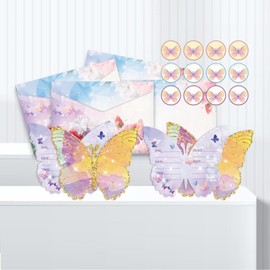 12 Pack Birthday Invitations, Glitter Butterfly Invitations with Envelopes, Party Invitation Butterfly Stickers Party Supplies Blank Birthday Invites Cards for Girls Birthday Party