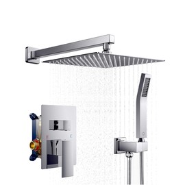 FORIOUS Rain Shower Head System, 10 Inch Shower Faucet Set with with handheld combo, Solid Brass Pressure Balanced Valve and Trim Kit Fixtures, Wall Mounted, Brushed Nickel (Chrome, 10 inch)