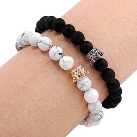 Prosy Multilayer Volcanic Stone Bracelets White Marble Turquoise Set Bead Fantasy Hand Accessories Adjustable for Women and Girls (2PCS)