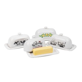 Maison Sucasa Butter Dish Set of 4, Whimsical When in Doubt, Just Add Butter, Welcome to our Farmhouse, Lemons and Farmhouse Design, Kitchen, Ceramic, Set of 4, Multi-color