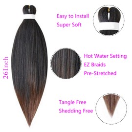 Pre Stretched Braiding Hair 3 Pieces Pre-Stretched Braiding Hair Extensions Yaki EZ Pre-Stretched Braiding Hair Synthetic Hair Extensions Hairpiece, Black & Light Auburn