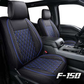Tomatoman Front Seat Covers Fits for 2009-2025 F-150 2017-2025 F250 F350 F450 Supercab King Ranch Hybrid Limited PowerBoost Waterproof Leather Automotive Vehicle Cushion(2PCS Front/Black-Blue)