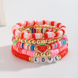 Pingyongchang Surfer Heishi Clay Strawberry Bracelets Set for Women Men Bohemian Stackable Gold Beaded Vinyl Disc Elastic Stretch Bracelet Resin Friendship Summer Beach Birthday Jewelry-D