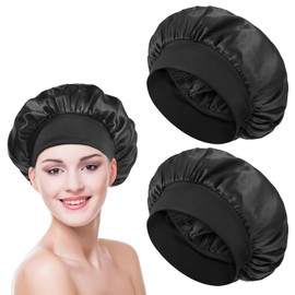 JIYIN Pack of 2 Satin Sleeping Caps, Night Sleep Cap, Hair Bonnet, Breathable Sleep Cap, Shower Caps, Soft Head, Silk with Elastic Band for Women and Girls (Black)