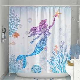 DESIHOM Cute Mermaid Shower Curtain Set, Glitter Fish Scale Girls Shower Curtains for Bathroom Kids Bathroom Decor Polyester Fabric-72" x 72"