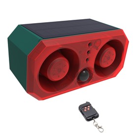 Motion Sensor Alarm Outdoor Noise Maker, Solar Motion Detector Activated Alarm with 13 Sounds Security Strobe Light for Farm Yard Orchard Barn