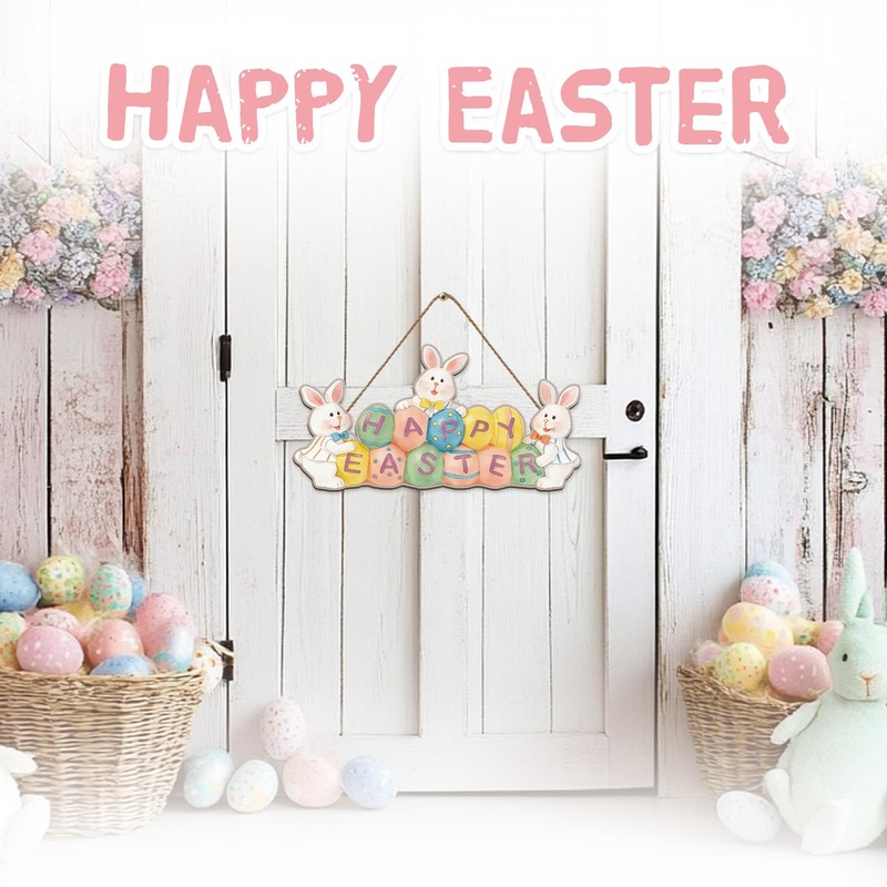 Happy Easter Wooden Hanging Sign, Egg and Bunny Pattern, Easter