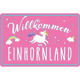 LUCKYLINDE - 30 x 20 cm tin sign, children's room decoration sign - funny unicorn saying - "Willkommen im Einhornland"