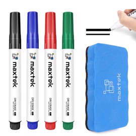 maxtek Low Odor Dry Erase Markers Chisel Tip, Whiteboard Markers Set 4 Count with 1 Magnetic Eraser