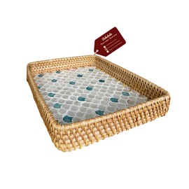 Boholodo Rattan Tray with Mother of Pearl – Handmade Decorative Rectangle, Natural Wicker, Woven Basket Tray, Vanity, Bathroom, Toilet Tank or Tabletop Display (Fin 11.8")