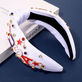 4th of July Headbands for Women American Flag Headband Patriotic Red Blue White Star Knotted Headband Embellished Rhinestone Wide Top Knot Headband 4th of July Hair Accessories Outfits Gifts (White 3)