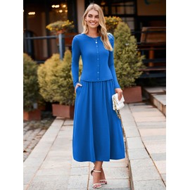 Glamaker Women's 2 Piece Skirt Sets Crew Neck Elegant Brunch Western Outfit Pullover Top Long Skirt Dresses with Pockets(royal blue L)
