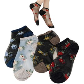 [Feiyda] 靴下 レディース 夏用 花柄刺繍 かわいい アンクルソックス 薄手素材 透明 通気性 爽やか 防臭 マルチカラー プレゼント4足セット