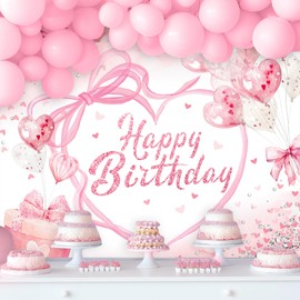 NEWsely Pink Bow Birthday Party Decorations Backdrop 7Wx5H Photography Coquette Birthday Decorations for Girl Happy Birthday Backdrop for Women Bachelorette Party Banner Photo Booth Props Supplies