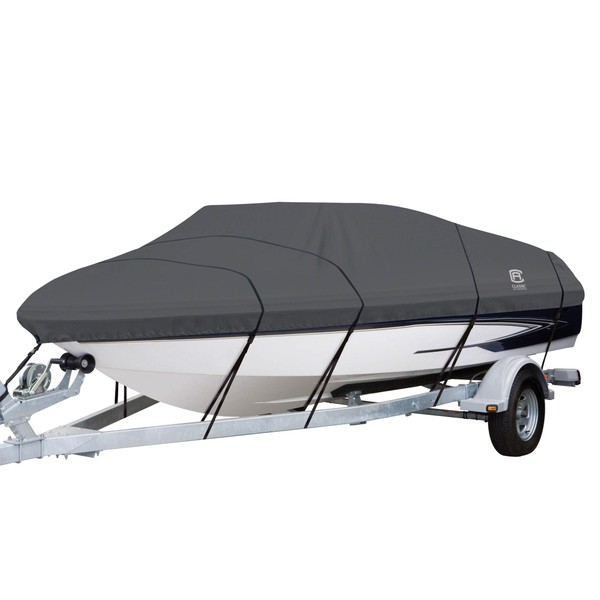 Classic Accessories StormPro Dark Grey Heavy-Duty Boat Cover, Fits boats 17 Foot - 19 Foot L x 102 in W, Marine Grade Fabric, Water-Resistant, Fits V-Hull Runabouts OutBoards and I/O