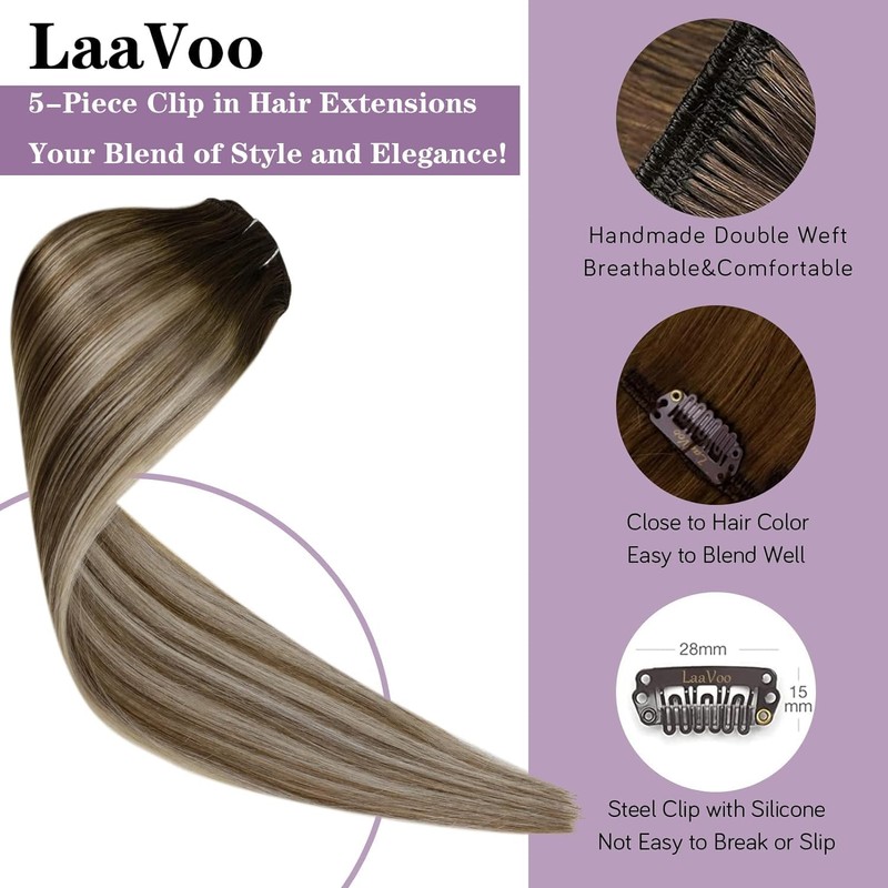 LaaVoo Remy Balayage Extensions, Clip-In Real Hair Extensions, Brown, Blonde,