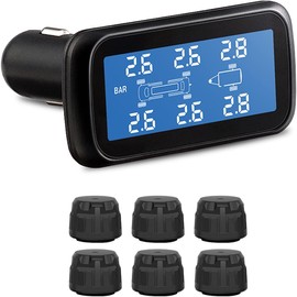 B-Qtech Tire Pressure Monitoring System, TPMS with 6 Tire External Sensors Digital LCD Display, CLA Charger RV TPMS 5 Alarm Modes for Trailer Tow Motorhome, Tire Pressure Temperature Real Time Monitor
