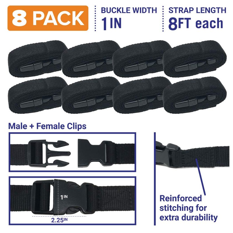 Boat Cover Straps, Adjustable Buckle, 8 Pack, 1" x 96"