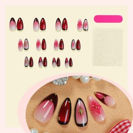 Red Press on Nails Flower Fake Nails Red Ombre False Nail with Design Star Glue on Nails Artificial Acrylic Full Cover Medium Almond Stick on Nail for Women Nail Art Decoration 24Pcs