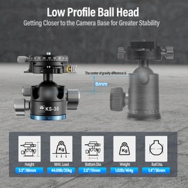 SIRUI 36mm Low Profile Ball Head KS-30, 360° Double Panoramic Aluminium Alloy Tripod Head for Camera, Camcorder, Professional Heavy Duty Ball Head for Tripod, Monopod, Camera Slider, Max Load 20KG