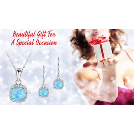 Ladies Matching Square Jewellery Set. Simulated Fire Opal and Clear Rhinestone Crystals. Necklace Pendant With Matching Drop Earrings For Women. Plus Jewellery Gift Box. (Blue)