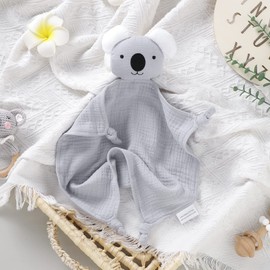 LAWKUL Baby Security Blanket Newborn Muslin Organic Cotton Babe Comforts Soft Infant Lovey for Boy Girl 40x40cm Koala Grey