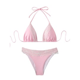 SHENHE - Traje de baño de 2 piezas para mujer con encaje halter y lazo triangular, Rosado, Large