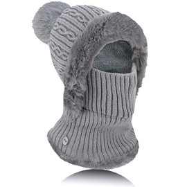 TAGVO Winter Warm Knitted Cap＆Neck Warmer Sets, Women Knit Balaclava Windproof Skimask, Flexible Beanie Hat with Hairball, Soft Thick Fleece Lined,Adjustable Face Mask for Outdoor Sports,Grey