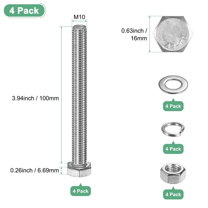 M METERXITY 4-Pack Hex Head Screw Bolt with Nuts Flat