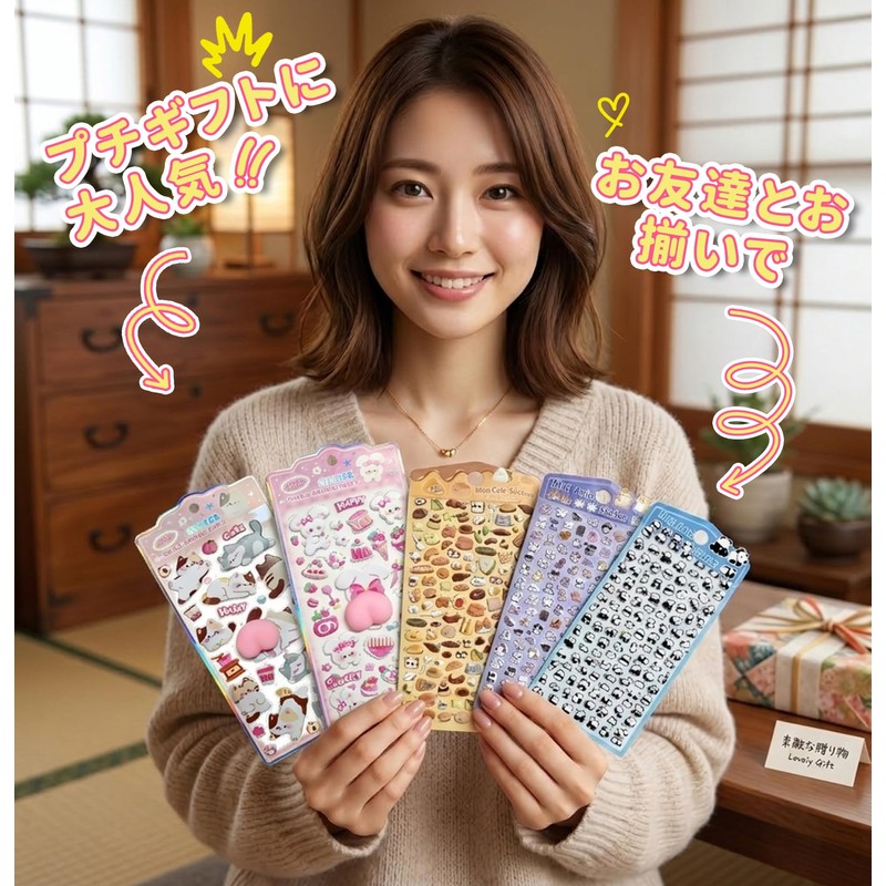 Fuwa-Moji 3D Stickers, Set of 5 [Cat and Rabbit Back
