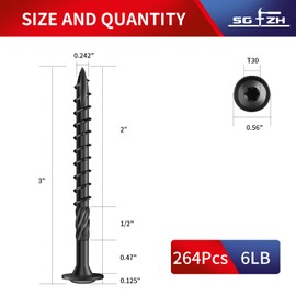 SG TZH #14 x 3 Inch Lag Screws (264Pcs) 6lb. Structural Wood Screw, Black, Carbon Steel, Washer Head, Rust Resistant epoxy Coated, T30 Star Bit