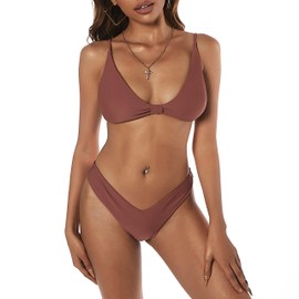 ZAFUL Women's Tie Knot Front Spaghetti Strap High Cut Bikini Set Swimsuit (1-Coffee, S)