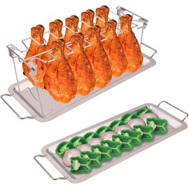 NEWCOMDIGI Chicken Leg Rack for Grill with Drip Tray, 14 Slots Stainless Steel Chicken Lollipop Rack, Drumstick Holder Roaster Stand for Smoker Grill Oven, Picnic, BBQ Accessories