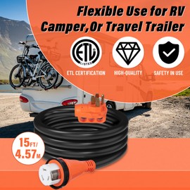 WELLUCK 50 Amp 15FT RV Power Extension Cord with Cord Organizer, Heavy Duty NEMA 14-50P to SS 2-50R RV Twist Locking Adapter Plug for RV Camper and Generator to House, 6/3+8/1 Gauge, ETL Listed