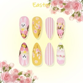 24Pcs Easter Press on Nails Medium Almond Fake Nails Spring Flower Press on Nails Cute Bunny False Nails Full Cover Glossy Acrylic Nails Glue on Nails for Women Easter Spring Nail Art Decor
