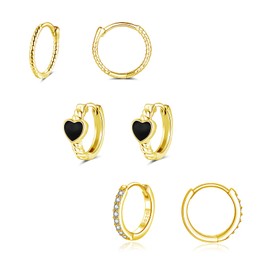 Loutade Hoop Earrings 925 Silver, 3 Pairs 925 Sterling Silver Twisted Black Heart Huggie Hoop Earrings Set with Cubic Zirconia, Hypoallergenic Lightweight Cartilage Sleeping Silver Earrings Hoop