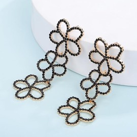 Flowers Long Dangle Drop Black Rhinestone Flower Statement Earring, Women's Earrings Evening Prom Pageant (Black, One size)
