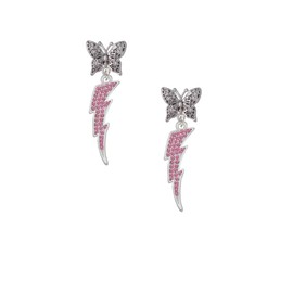Delight Jewelry Silvertone Large Hot Pink Crystal Lightning Bolt Silvertone Antiqued Butterfly Post Earrings