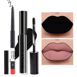 HAOYA 2Pcs Matte Dark Black Lip Liner and Lipstick Makeup Set, Matte Liquid Lipstick 24H and with Lip Liner Set Waterproof Long Lasting labiales mate 24 horas originales matte larga duracion 24#19