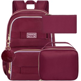 HPJGD 3PCS Girls Bookbag, 17" Water Resistant School Bag with Lunch Box, Cute Wine Red Backpack Set for Women College Teenagers High Middle Elementary