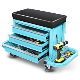 Auto Dynasty 3-Drawer Mechanic Rolling Seat, 350 LBS Capacity Roller Garage Shop Seat with Storage Tool Tray for Workshop, Repair Shop, Warehouse, Sky Blue