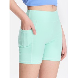 DEVOROPA - Pantalones cortos de licra para niñas de 5 pulgadas, elásticos, atléticos, gimnasia, yoga, danza, pantalones cortos de compresión con bolsillo, verde azulado, X-Large