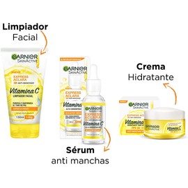 Kit Garnier Express Aclara Rutina anti manchas con Vitamina C: Sérum facial, crema hidratante y gel limpiador, 3 piezas. Hidrata, ilumina y unifica el tono de la piel