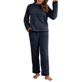 Beralst - Conjunto de pijama de forro polar para mujer con cuello redondo, marino, L