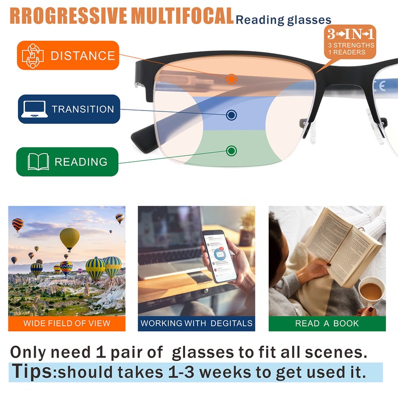 Multifocus Reading Glasses Men Progressive Multifocal Blue Light Computer Reader