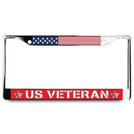 VetFriends.com US Veteran License Plate Frame with American Flag Horizontal Red Design (Chrome)