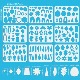ORIGACH 9 Pcs Large Jewelry Making Template 11.7x8.3 inch, Reusable Leather Earring Stencils with Tear Drop, Leaves, Flower, Cabochon and Star Patterns for Bracelet Necklace Making Jewelry Crafts