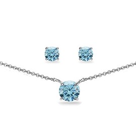 B. BRILLIANT Sterling Silver Light Blue Round Stud Earrings and Necklace Set Made with European Crystals